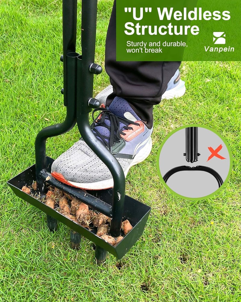 vanpein Store Lawn Aerator Coring Garden Tool with Soil Core Storage Tray, Manual Yard Plug Aerators & Clean Tool, Grass Aeration Gardening Tools with 3 Tines for Lawn Care, Compacted Soil, 37.6” - Image 4